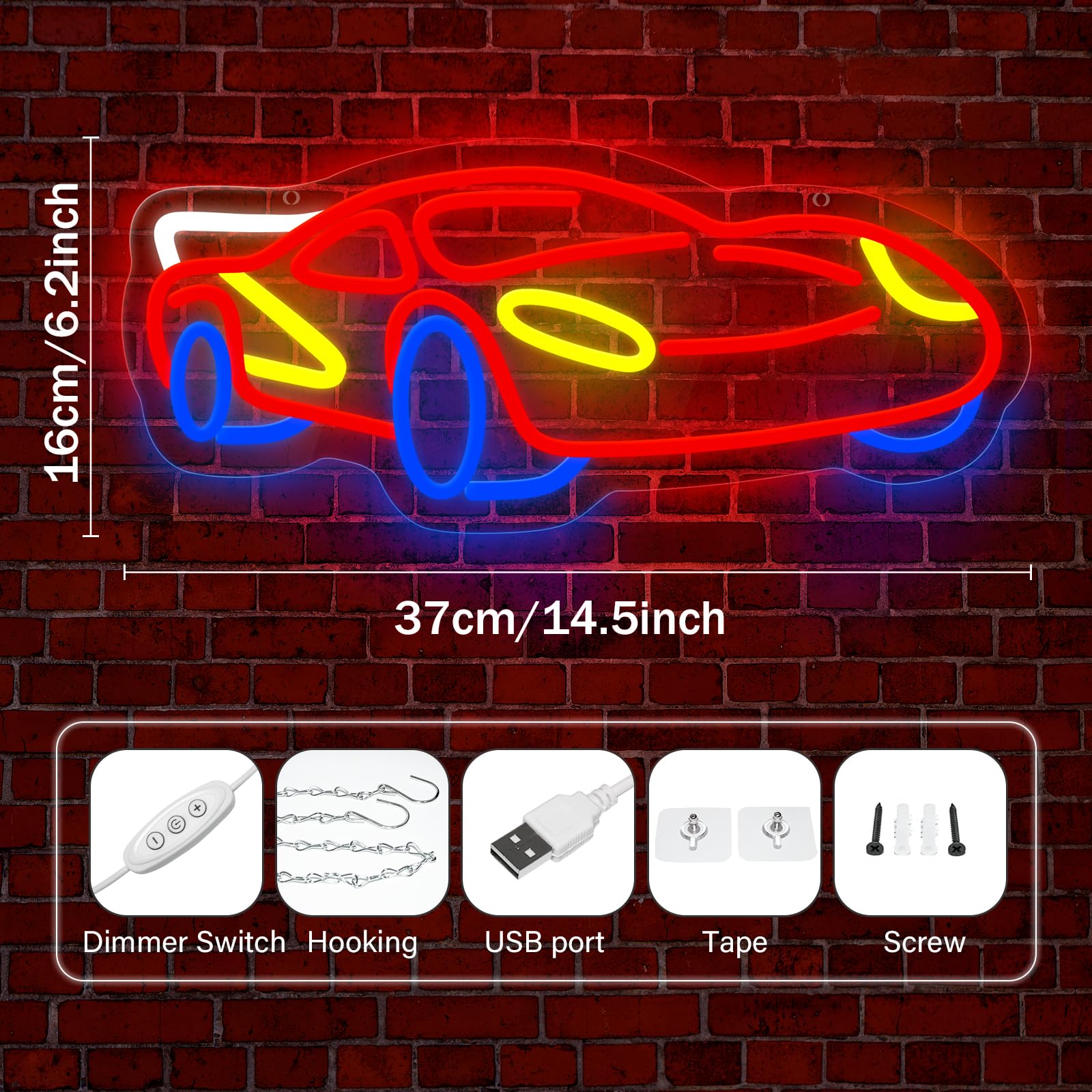 NeusWonder Car Neon Sign for Wall Decor, Led Dimmable Racing